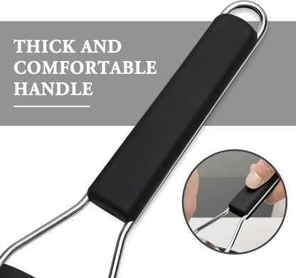 Thick comfortable black handle on stainless steel kitchen tool for easy grip