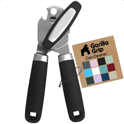 Gorilla Grip can opener with black ergonomic handles and color swatch tag, ideal for kitchen use