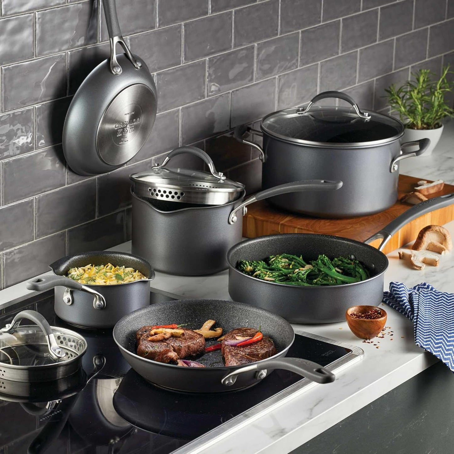 A1 Series with Scratchdefense Nonstick Induction Pots and Pans Cookware Set, Induction Cookware, Kitchen Essentials, 9-Piece, Graphite