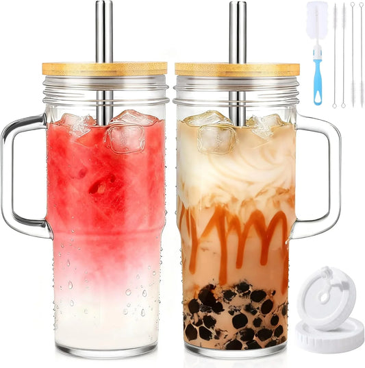 24Oz Glass Cups with Lids and Straws,Glass Tumbler with Handle,2 Set–Reusable Glass Ice Coffee Cups with Lid and Straw for Smoothies,Tea,Juice,Boba Cup for Cold & Hot Drinks,Travel Cup