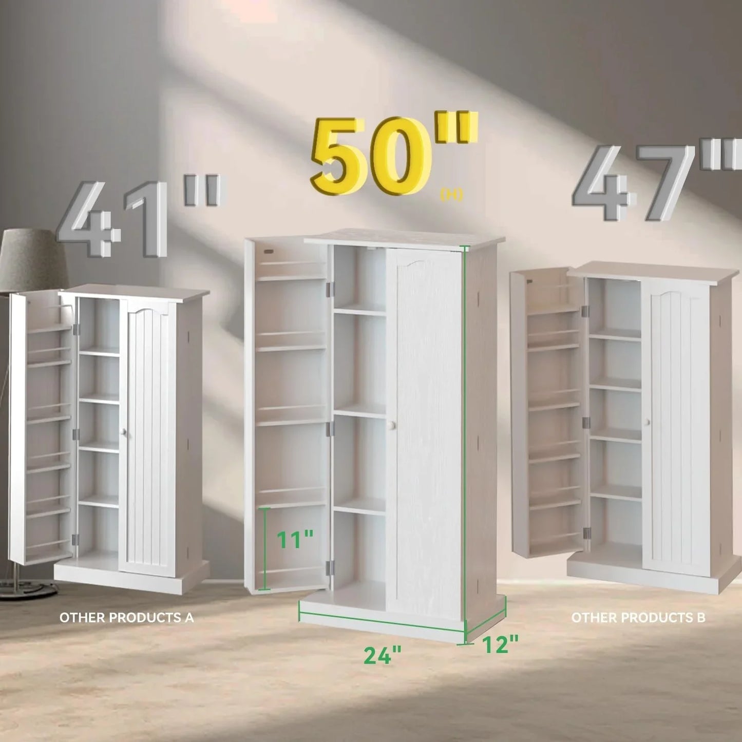 50" LED Kitchen Pantry Cabinet White Storage Cabinet Food Pantry with Doors and Adjustable Shelves Freestanding Buffet Cupboards Sideboard for Kitchen Living Room and Dinning Room