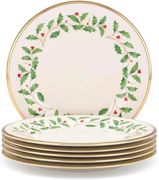 Holiday 6-Piece Dinner Plates Dinnerware Set, Service for 6, Porcelain, Dishwasher Safe, round Plates Set, Holiday Red & Green, Perfect for Gatherings, Christmas Dinnerware (Ivory, 6 Piece)