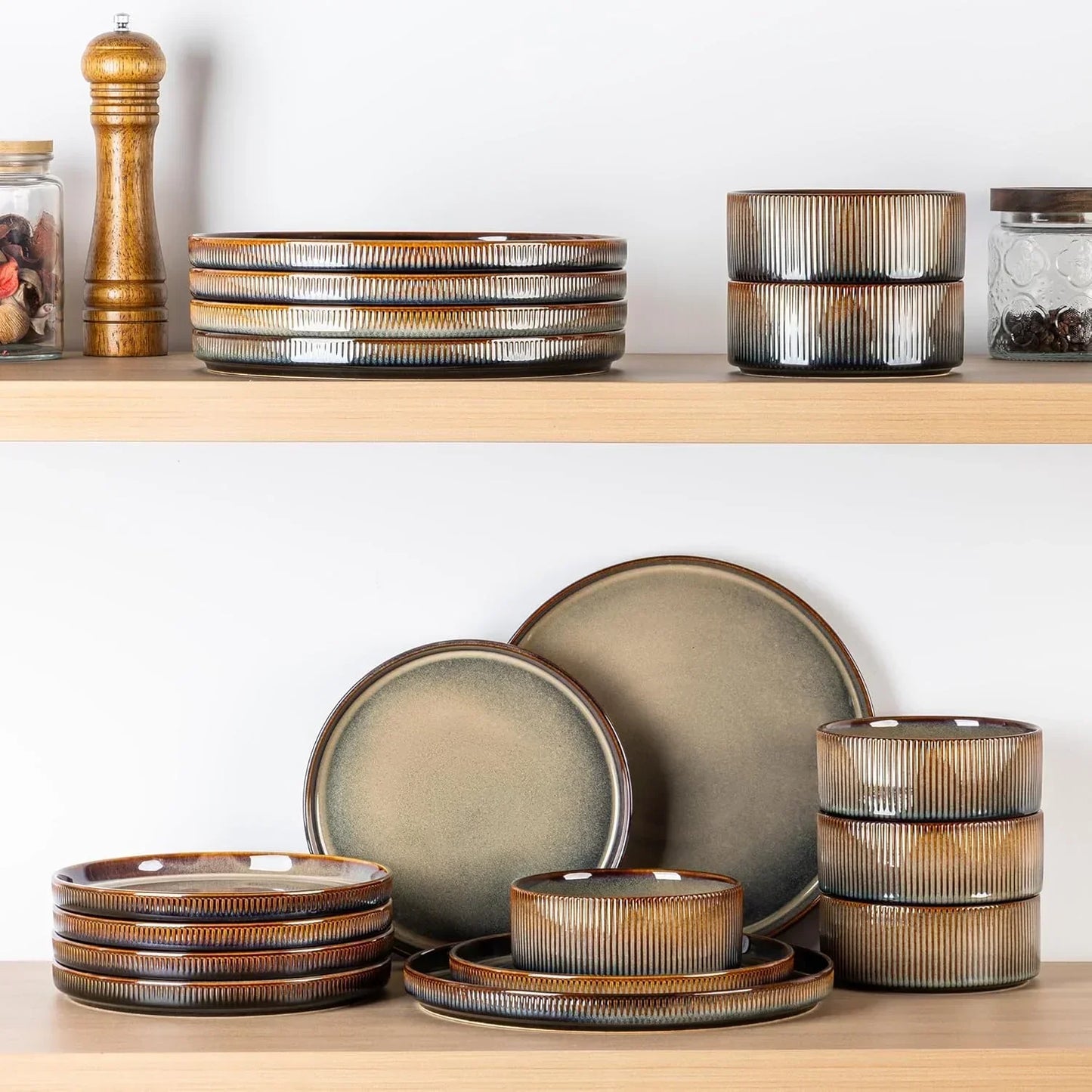 Ceramic dinnerware set with ribbed texture, stacked plates and bowls for modern kitchen dining