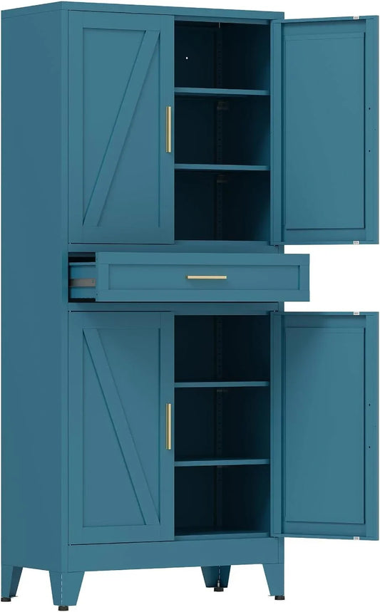 71 in Tall Kitchen Pantry Cabinet with Drawer, Metal Pantry Storage Cabinet with 4 Adjustable Shelves and 4 Barn Doors, Freestanding Farmhouse Food Cupboard for Dining Room, Peacock Blue 6-Tier