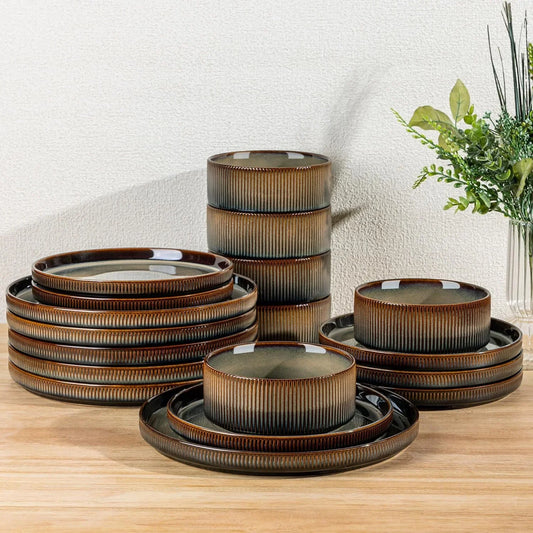 Ceramic Dinnerware Sets for 6, 18 Pieces Porcelain Lightweight Speckled Plates and Bowls Sets, Scratch Resistant Dish Set, Oven & Microwave & Dishwasher Safe, Coca Mocha