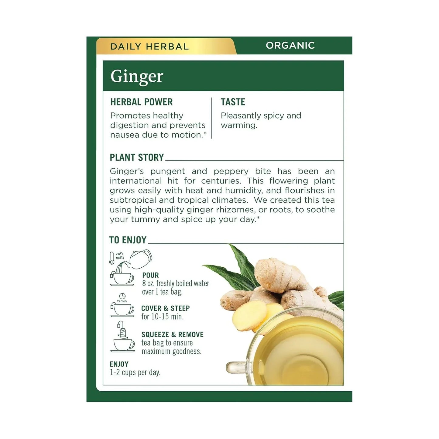 Tea, Organic Ginger, Healthy Digestion, Pleasantly Spicy & Warming, 16 Tea Bags