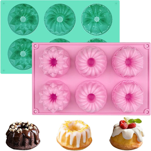2 Pcs Mini Fluted Cake Pan, 6-Cavity Fluted Tube Cake Pan, Non-Stick Silicone Baking Mold for Cupcakes, Donuts, Cornbread, Brownies, Jellies