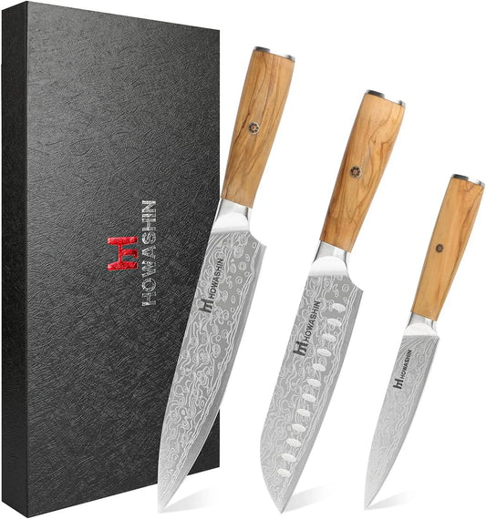 3PCS Chef Knife Set, Sharp High Carbon Stainless Steel Forged Blade Professional Kitchen Knives Set with Ergonomic Olive Wood Handle,Damascus Knives Set for Kitchen with Gift Box