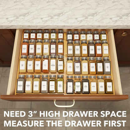 Bamboo Spice Drawer Organizer, (Need 3" Deep Drawer) Expandable 4 Tier Spices Rack for Cabinet, Kitchen Seasoning Storage Insert (Jars Not Included, from 12" to 23" Wide)
