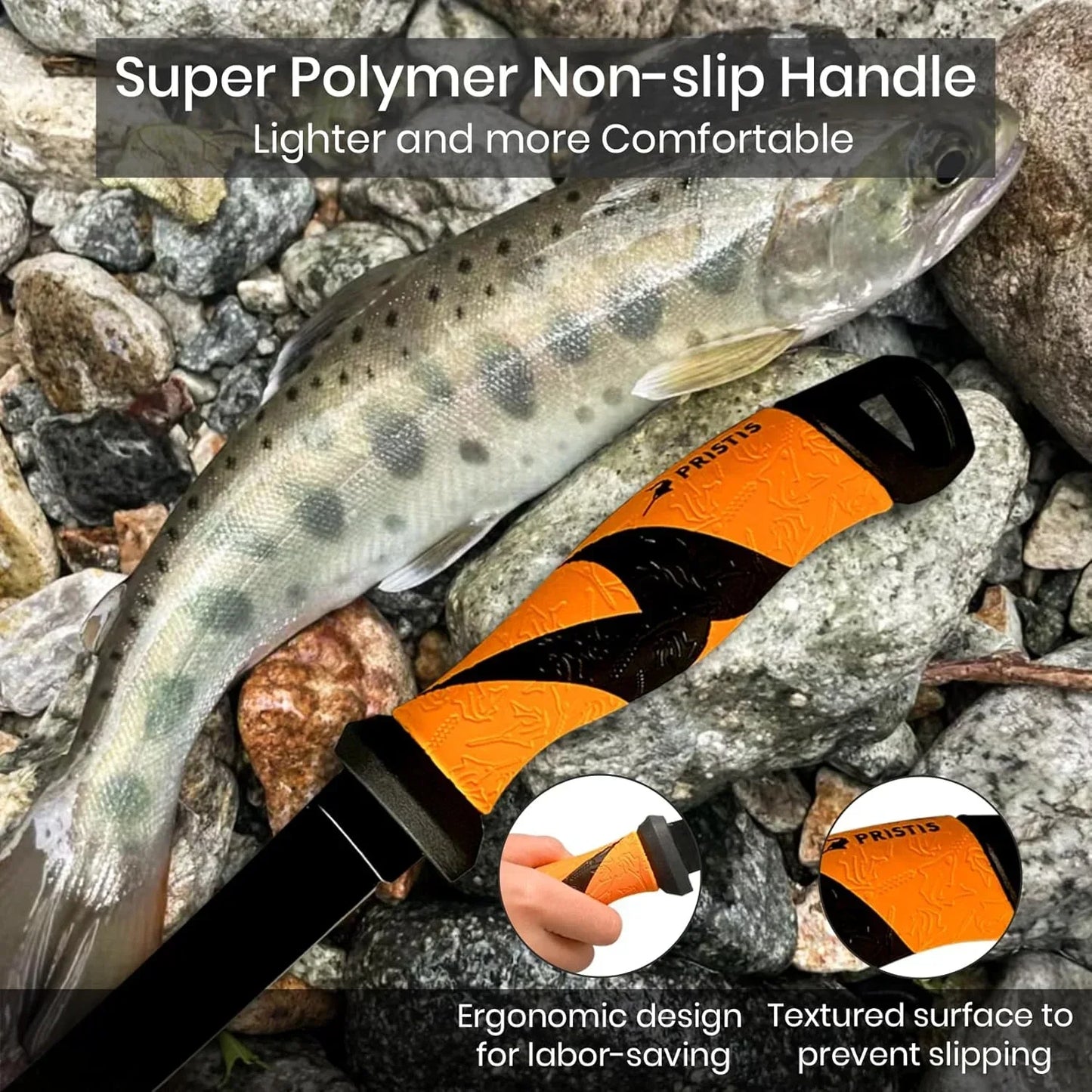 Orange and black non-slip polymer knife handle with ergonomic grip, shown beside a fish on river rocks