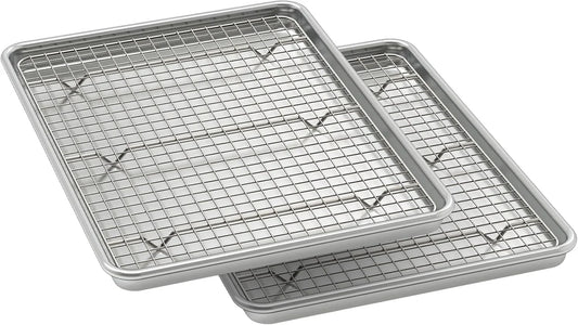 Baking Sheet with Rack Set (2 Pans + 2 Racks), Natural Aluminum Commercial Quality Cookie Sheet with Cooling Rack, Nonstick Baking Pan, Warp Resistant & Heavy Duty, Half Sheet Size