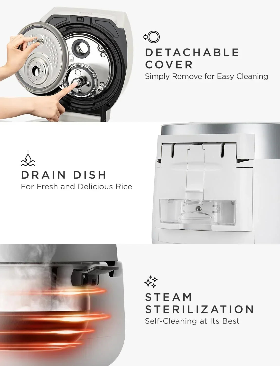 Rice cooker with detachable cover, drain dish, and steam sterilization for easy cleaning and fresh rice