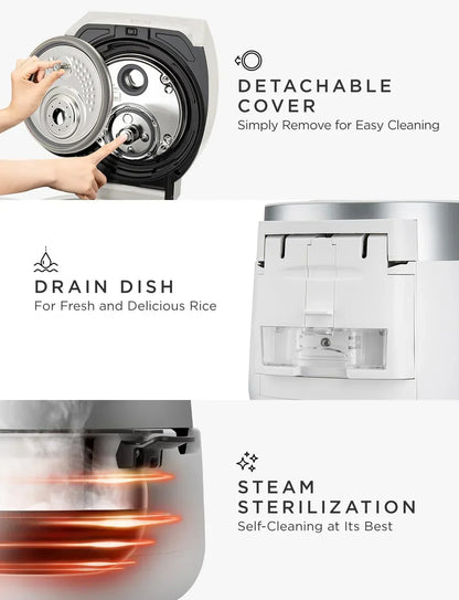 Rice cooker with detachable cover, drain dish, and steam sterilization for easy cleaning and fresh rice