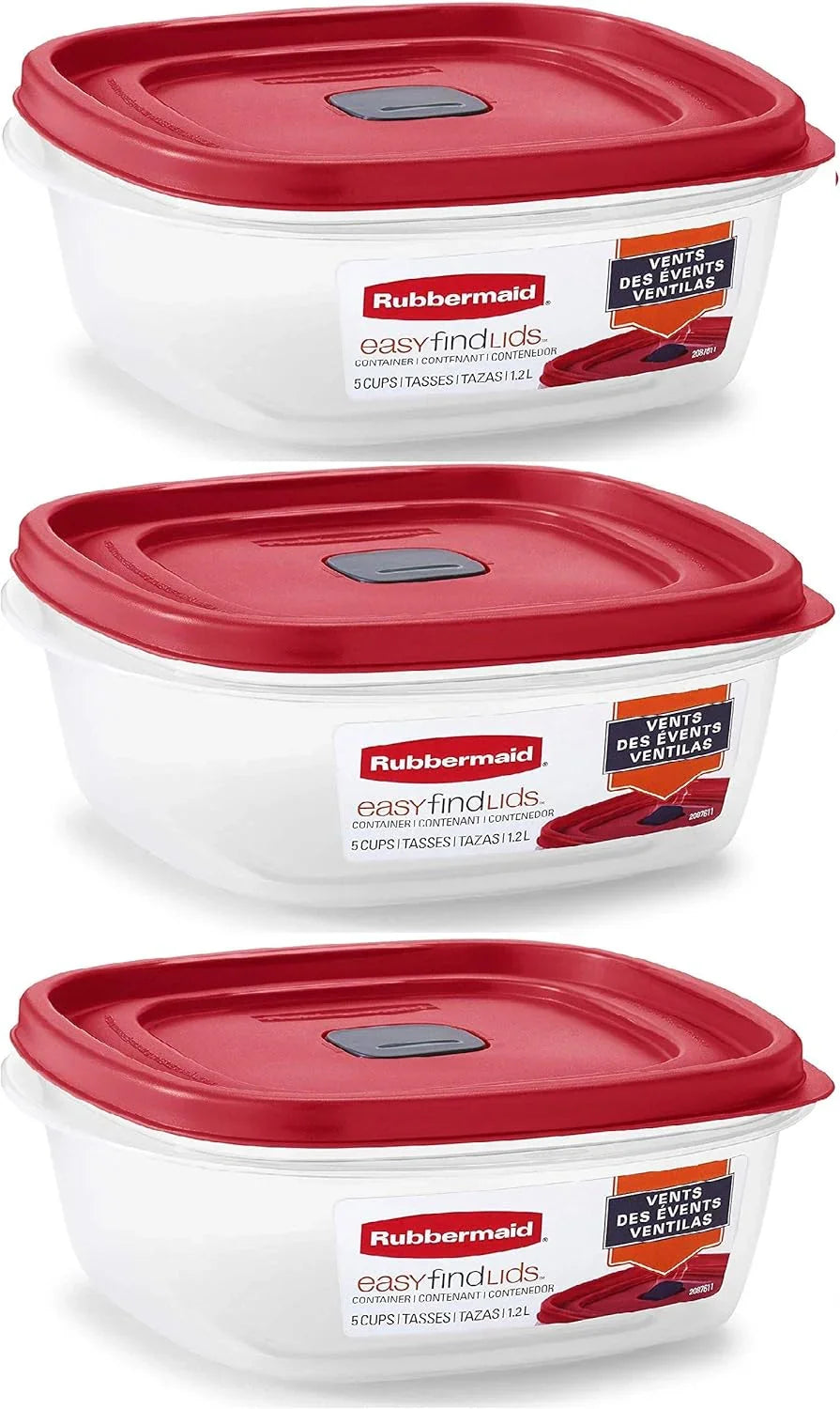 Easy Find Lid Square 5-Cup Food Storage Container (Pack of 3), Red (Vented)