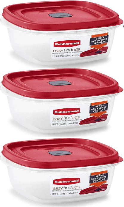Easy Find Lid Square 5-Cup Food Storage Container (Pack of 3), Red (Vented)