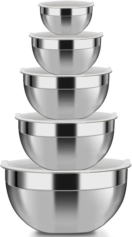 Mixing Bowls, 5Pcs Stainless Steel Mixing Bowl Set, Utensils for the Kitchen, Multifunctional, Stackable, Dishwasher Safe, 3.75L / 3.25L / 2.5L / 2L / 1.3L (With Lid)