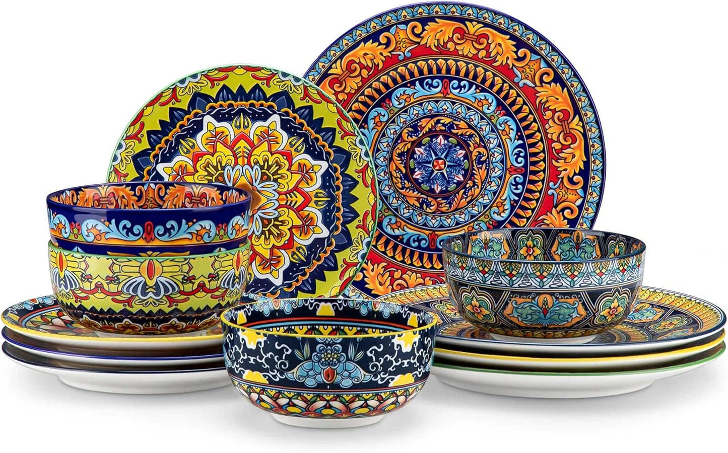 Plates and Bowls Sets,12-Piece Porcelain Dinnerware Set Service for 4, Bohemian Style Dishes Set for 4, Kitchen Dinner Set, Microwave and Dishwasher Safe, Scratch Resistant, Series KRVI