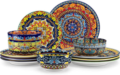 Plates and Bowls Sets,12-Piece Porcelain Dinnerware Set Service for 4, Bohemian Style Dishes Set for 4, Kitchen Dinner Set, Microwave and Dishwasher Safe, Scratch Resistant, Series KRVI