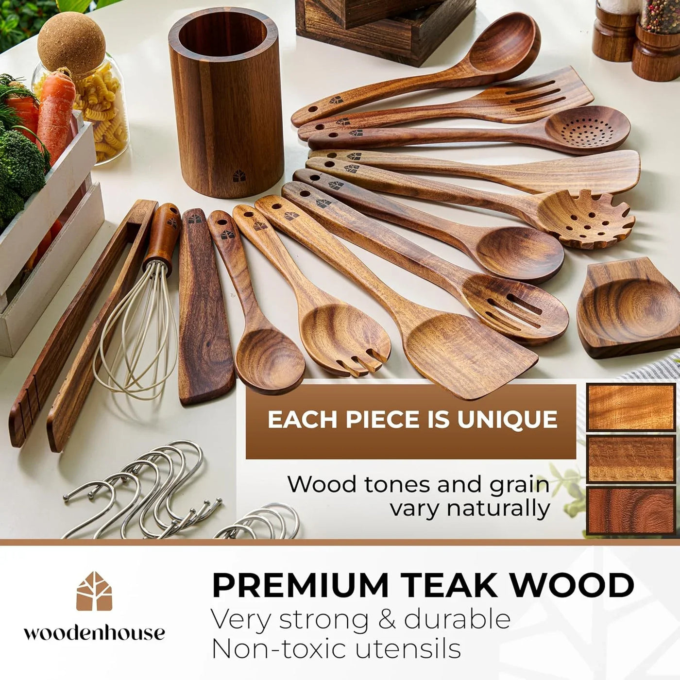Wooden Spoons for Cooking 13 Pcs – Sturdy & Easy to Clean, Natural Teak Wooden Utensil Set – Non-Scratch Wood Kitchen Utensils Set with Spatula, Ladle, Spoons, Tongs, Whisk, Holder, Spoon Rest & Hooks
