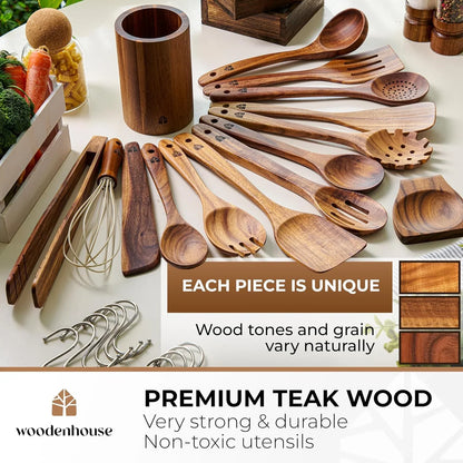 Wooden Spoons for Cooking 13 Pcs – Sturdy & Easy to Clean, Natural Teak Wooden Utensil Set – Non-Scratch Wood Kitchen Utensils Set with Spatula, Ladle, Spoons, Tongs, Whisk, Holder, Spoon Rest & Hooks