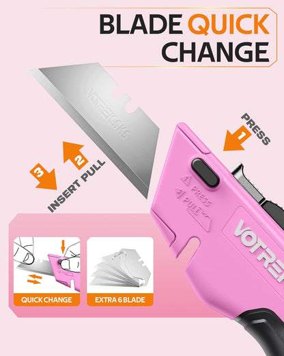 ® Box Cutter Utility Knife, 2-In-1 Safety Retractable Box Cutter for Women, Quick Change Razor Knife for Home, Office & DIY, Blade Storage Design, with Extra Sharp Razor & Hook Blades (Pink)