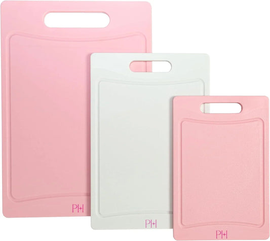 Cutting Boards, Dual-Sided Cutting Board Set with Built-In Juice Grooves, Easy-Grip Handles, Heavy-Duty Plastic Made without BPA, Dishwasher Safe, 3-Piece Set, Pink and Cream