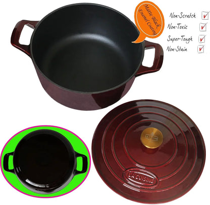 Enameled Cast Iron Dutch Oven Casserole Dish Pot with Lid, 5 QT 10.3“ /26Cm Dia. Internal Matt Black Enamel Coating Gold-Plated SS Lid Handle Oven Safe up to 500° F, Cranberry