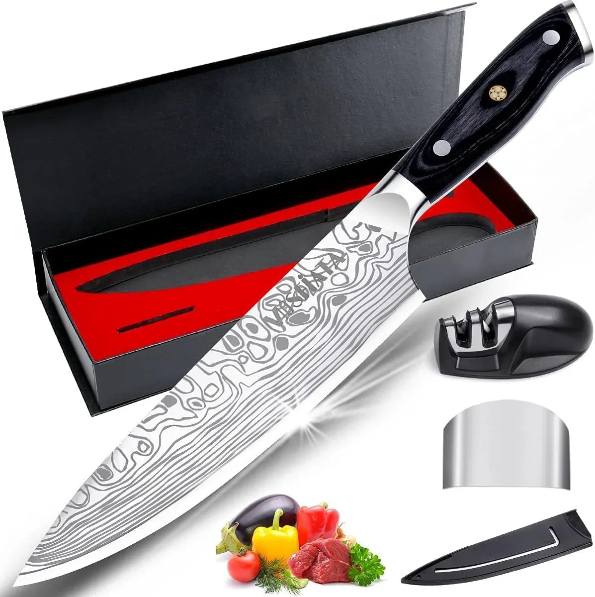 8" Super Sharp Professional Chef'S Knife with Finger Guard and Knife Sharpener, German High Carbon Stainless Steel EN1.4116 with Micarta Handle and Gift Box