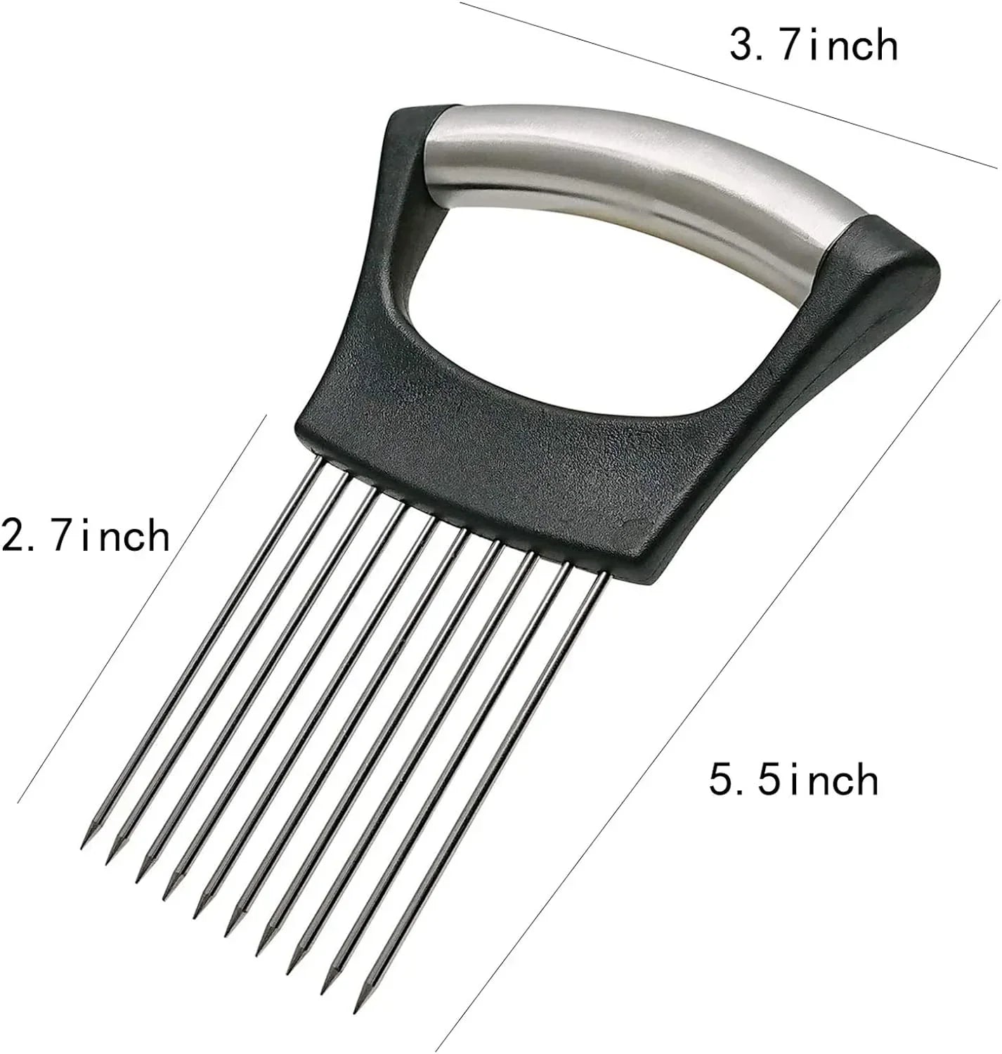 Stainless steel meat tenderizer with black grip, 5.5-inch length, kitchen tool for tenderizing steaks and roasts