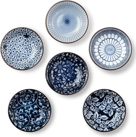 Dipping Bowls, Soy Sauce Dish Ceramic, 3 OZ Small Serving Bowls for Side Dishes Vintage Blue Stylish Design, Set of 6 Mini Appetizer Plates for Condiment Sushi Ketchup BBQ Party, 4 Inch