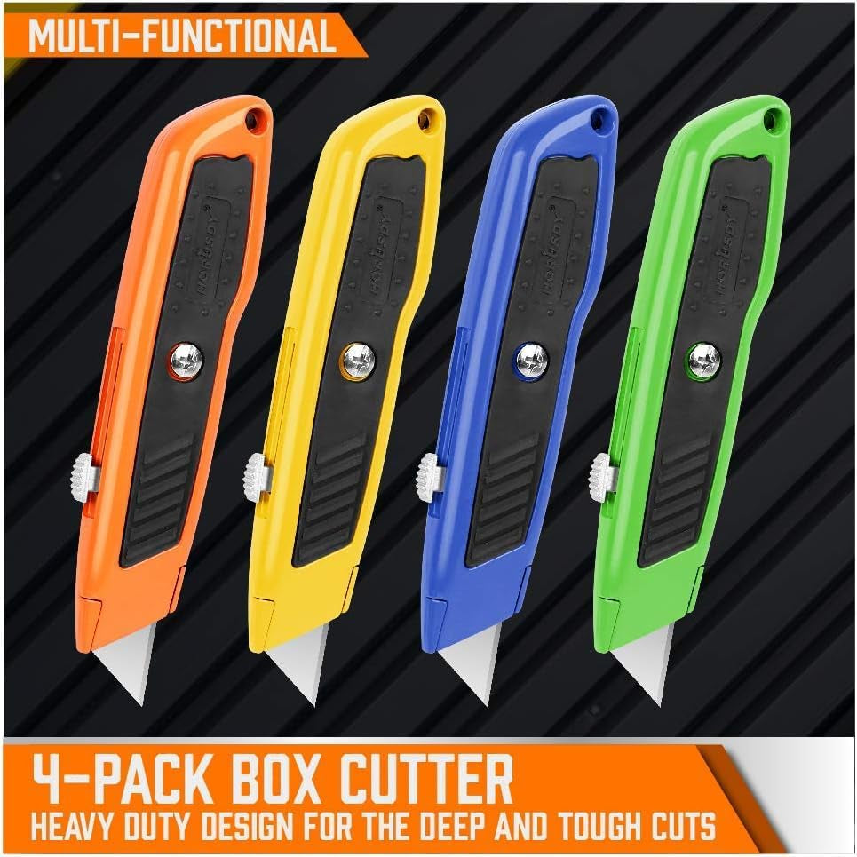4-Pack Box Cutter Utility Knife, Heavy Duty Aluminum Shell Retractable Box Cutter for Cardboard, Boxes and Cartons, Extra 10 Blades