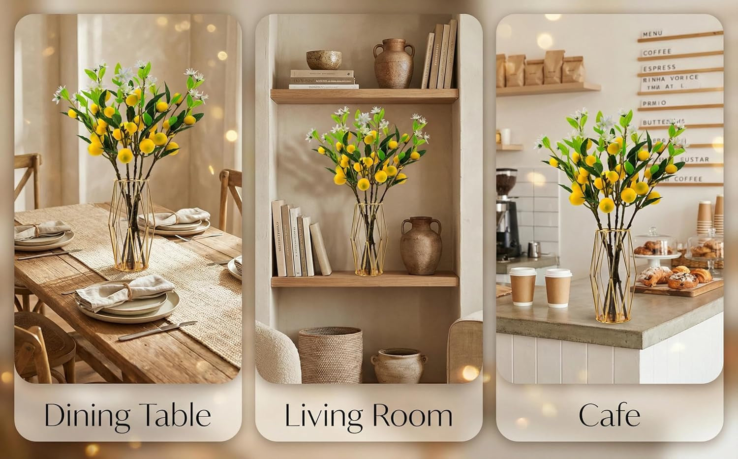 5Pcs Artificial Lemons Branches 24 Inch Fake Fruit Simulation Lemon with Stem for Kitchen Decoration Farmhouse Flower Arrangement Themed Party Table Home Decor