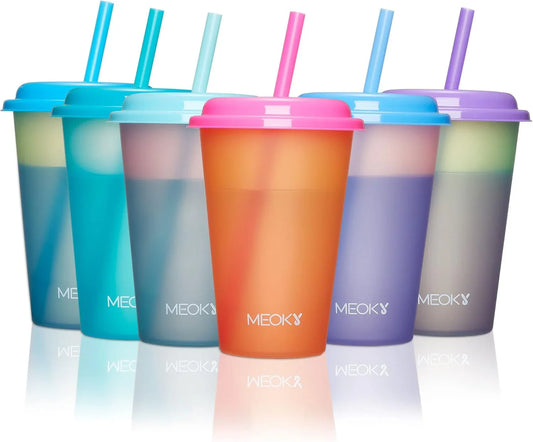 Color Changing Cups with Lids and Straws for Kids 6Pack 12Oz Plastic Reusable Cold Drink Tumblers Summer Party Cups