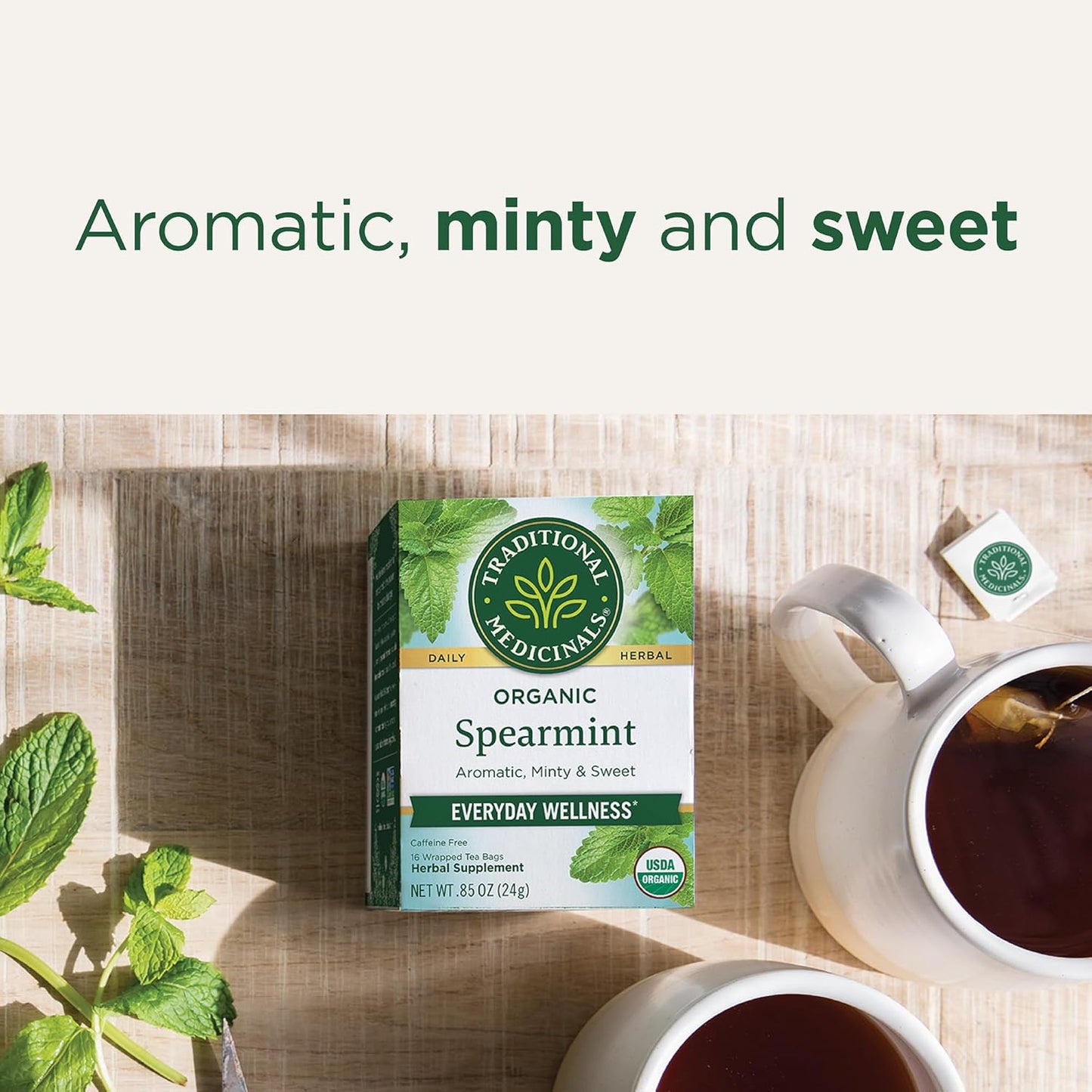 Organic, Spearmint Tea - Supports Everyday Wellness, Healthy & Refreshing - Kosher, Non-Gmo, Caffeine-Free, Compostable - 16 Tea Bags