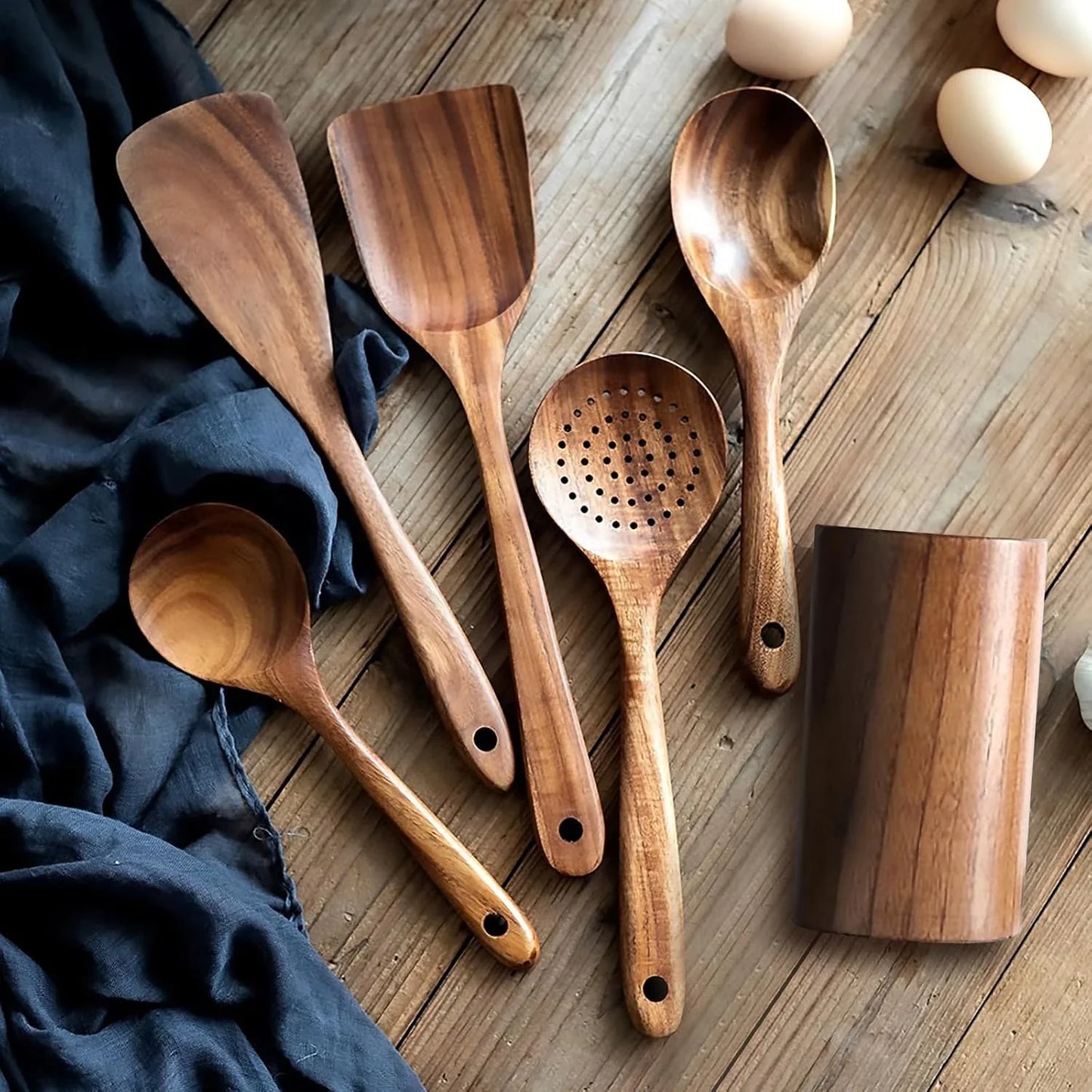 6 PCS Wooden Cooking Utensils Set, Wooden Spoons for Cooking, with Utensils Holder, Comfort Grip, Ideal for Nonstick Cookware