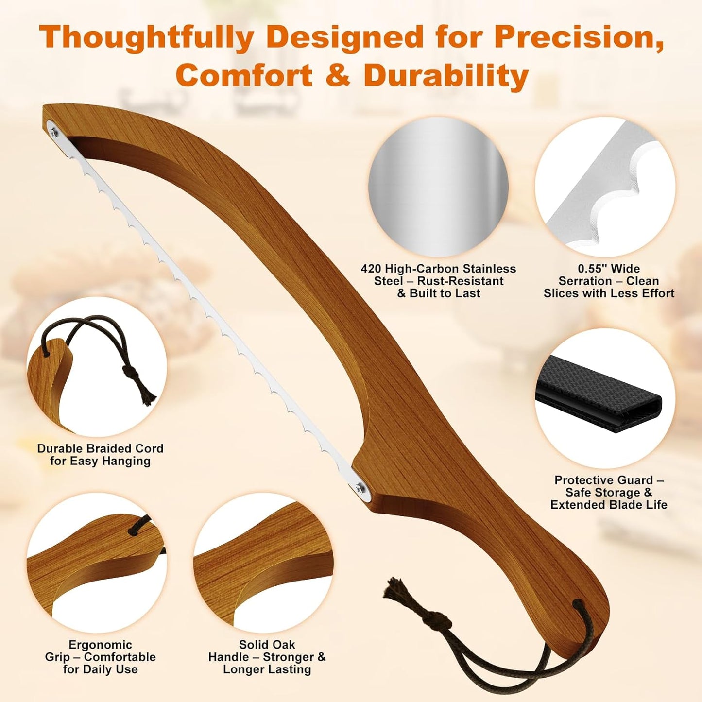 Bread Knife for Homemade Bread – 16" Walnut Bow Bread Cutter with Ultra-Sharp Serrated Stainless Steel Blade, Sourdough Bread Knife for Bagels, Baguettes, and Rustic Loaves - Walnut Color