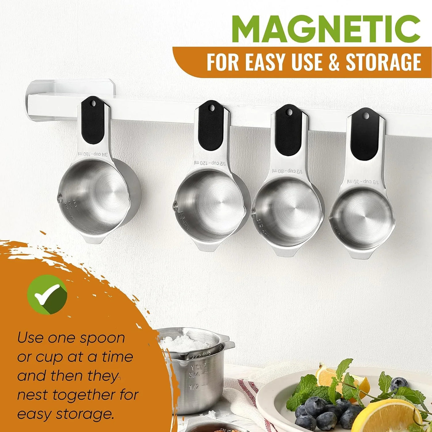 Magnetic Measuring Cups & Spoons Set, Patented, Strong N45 Magnets, Heavy Duty Stainless Steel Fits in Spice Jars for Baking & Cooking, BPA Free, round Set of 15 with Leveler, Black