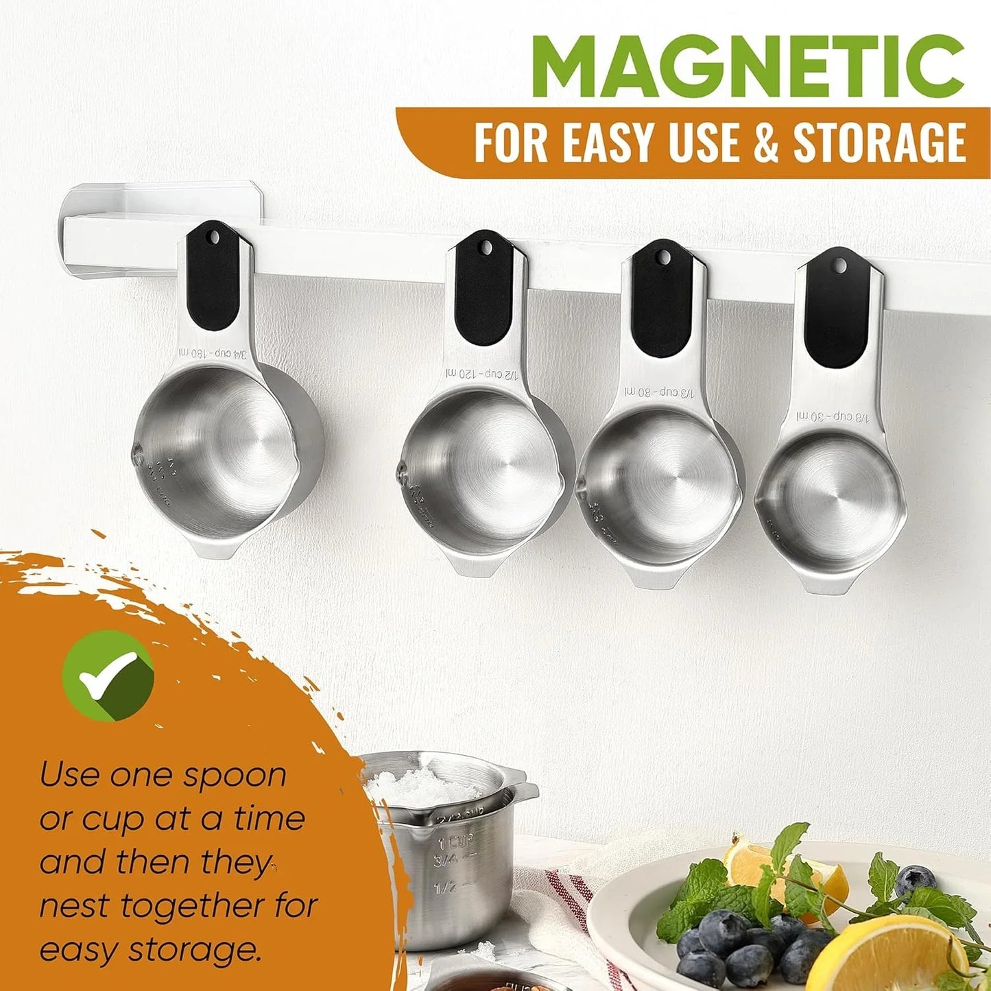 Magnetic Measuring Cups & Spoons Set, Patented, Strong N45 Magnets, Heavy Duty Stainless Steel Fits in Spice Jars for Baking & Cooking, BPA Free, round Set of 15 with Leveler, Black