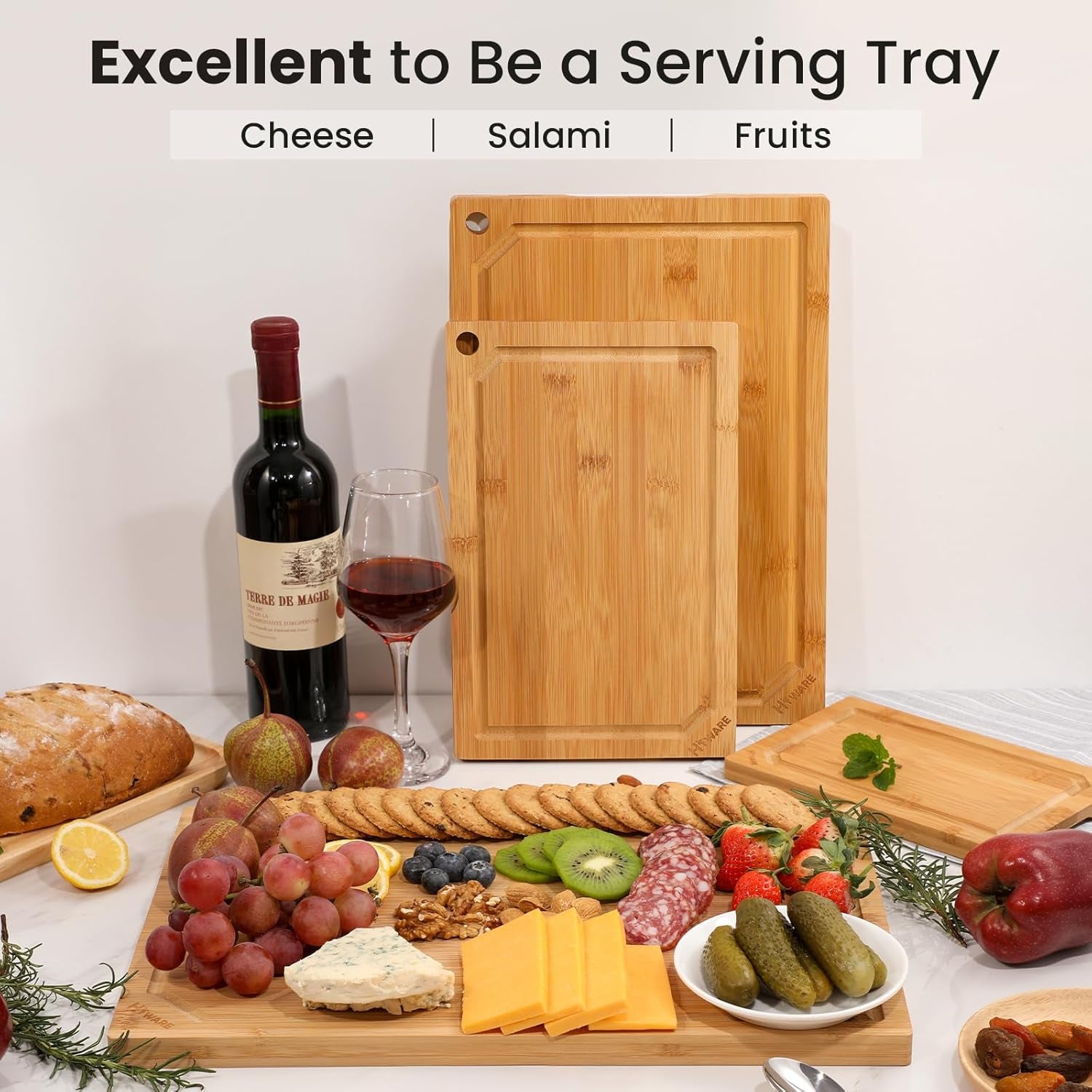 Extra Large Bamboo Cutting Board for Kitchen, Heavy Duty Wood Cutting Board with Juice Groove, 100% Organic Bamboo, Pre Oiled, 18" X 12"