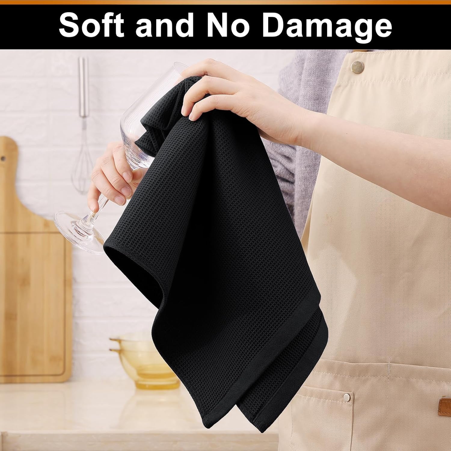 100% Cotton Waffle Weave Kitchen Towels - 4 Pack Soft and Absorbent Dish Towels - 16 X 26 Inches Quick Dry Hand Towels - Black