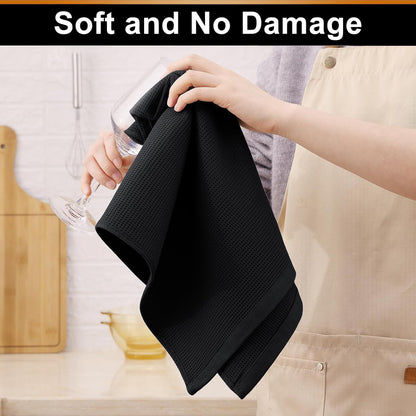 100% Cotton Waffle Weave Kitchen Towels - 4 Pack Soft and Absorbent Dish Towels - 16 X 26 Inches Quick Dry Hand Towels - Black