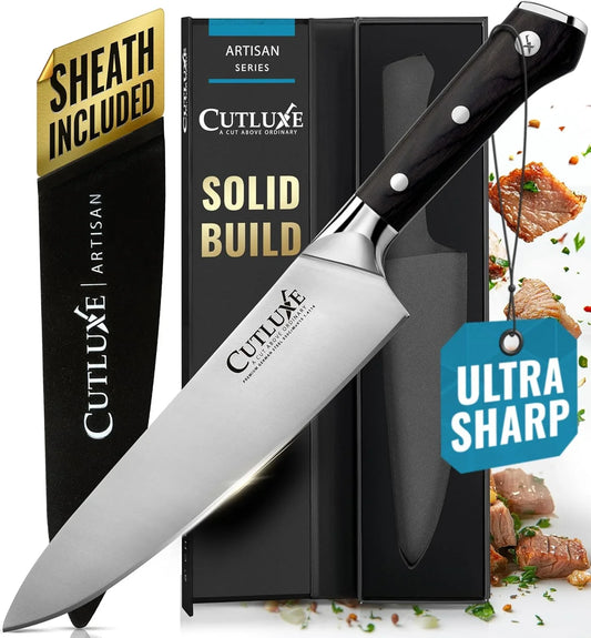 Chef Knife – 8" Kitchen Knife, German High Carbon Steel, Full Tang, Ergonomic Handle Design, Sheath Included – Artisan Series