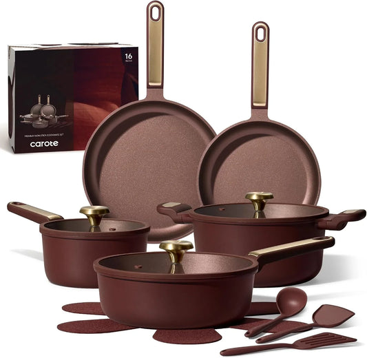 Pots and Pans Set Nonstick, 16Pcs Cookware Set Nonstick Non-Toxic & Pfoa&Pfos-Free, Dishwasher, Rv/Camping Cookware Set, Cooking Pots with Lids,Wine Red
