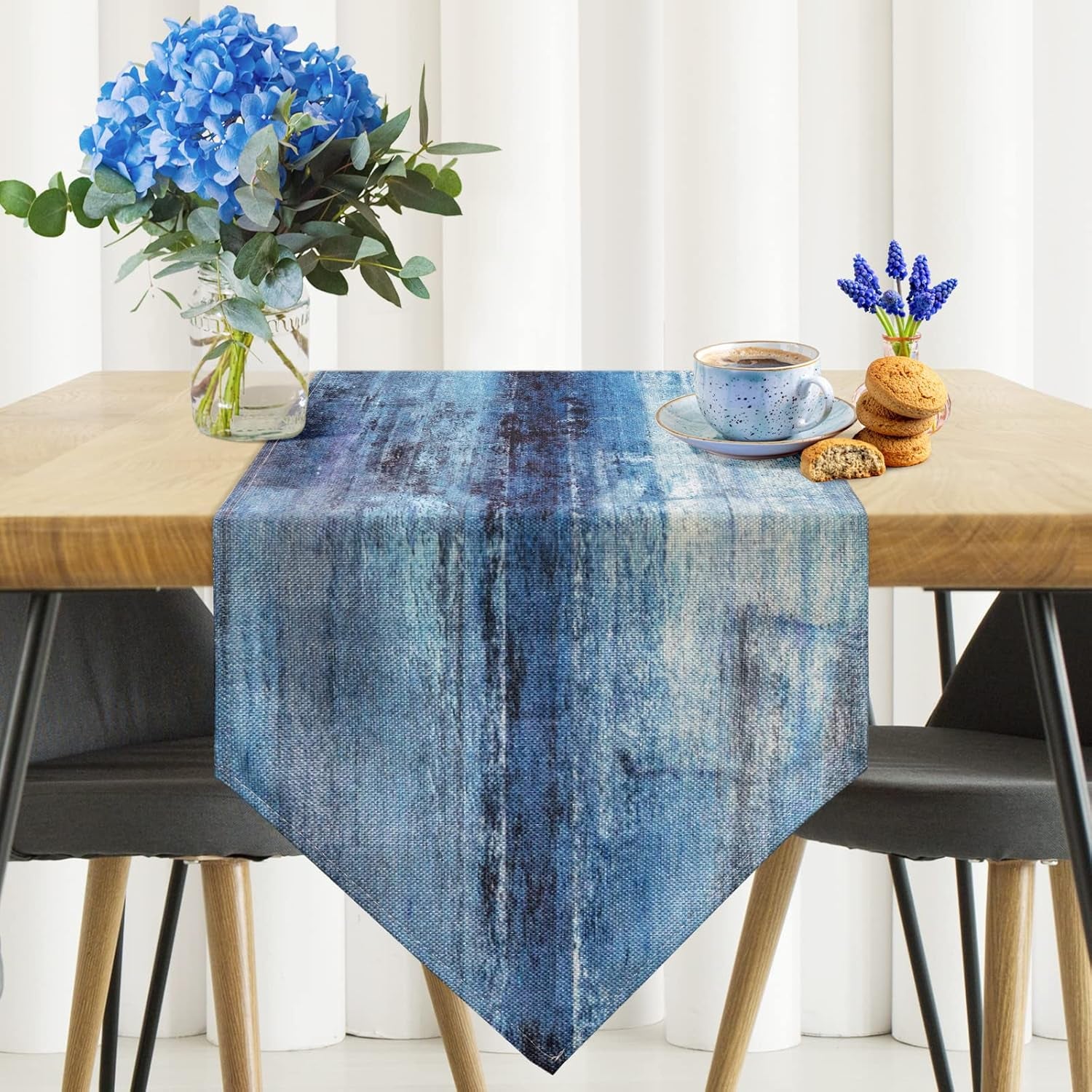 Blue and Grey Table Runner,Abstract Modern Art Burlap Table Runners for Table Dresser Runner Farmhouse Style for Dinner Party Holidays Home Decoration (Blue Grey, 13"X 71")