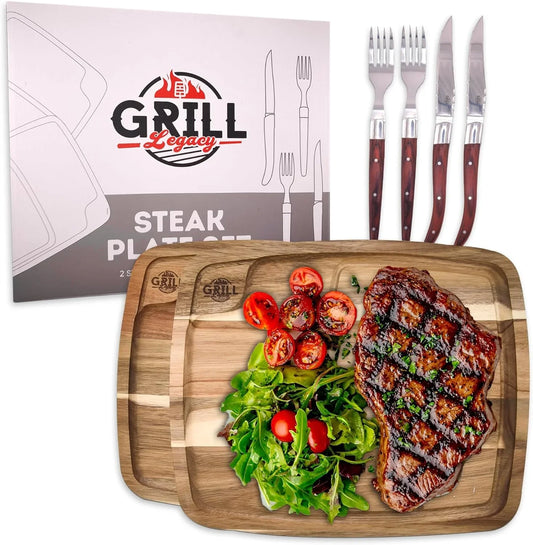 Grill Legacy Wooden Steak Plate Set (2 Pack) - Complete Steak Plate for Eating with Premium Steak Knives and Forks - the Ultimate Gift for Steak Lovers.