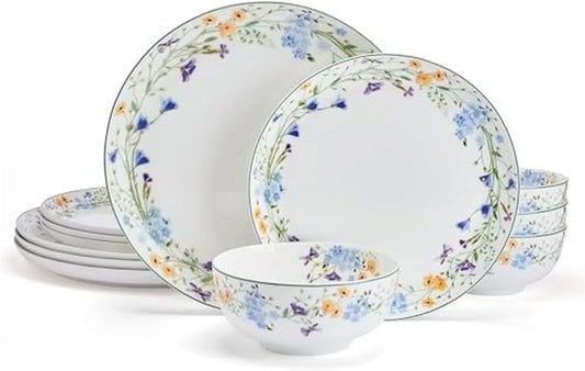 Quinn Lightweight Bone China 12 Piece Dinnerware Plate Bowl Set, Service for 4