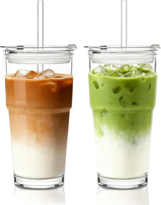 20Oz Clear Glass Cup with Lid and Glass Straw, Set of 2 Thickened Glass Coffee Tumblers, Drinking Glasses with Straw for Smoothie, Tea, Milk, Whiskey, Water and More – Elegant & Durable