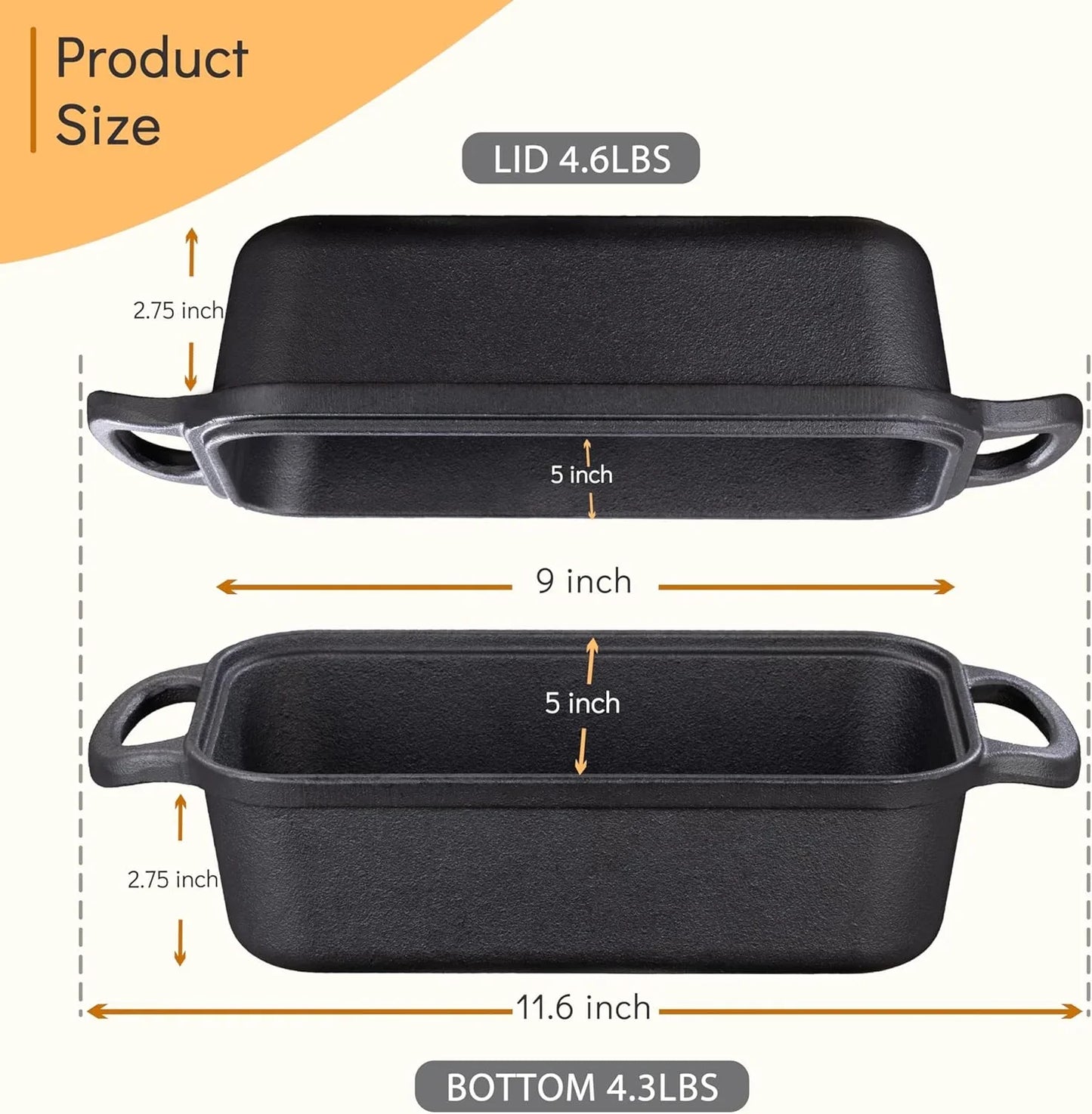 Grmimosa 2 in 1 Cast Iron Bread Loaf Pan with Lid, Loaf Pans for Baking Bread 9X5 Inch, Even Heat Distribution for Meatloaf, Homemade Bread