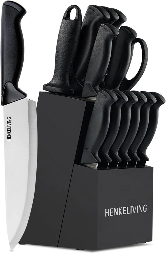 Knife Set, 14-Piece Kitchen Knives Set with Block, German High Carbon Stainless Steel, Ergonomic Non-Slip Handles, Blacksilver