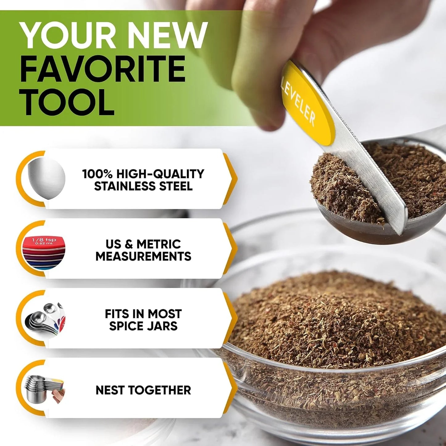 Magnetic Measuring Cups & Spoons Set, Patented, Strong N45 Magnets, Heavy Duty Stainless Steel Fits in Spice Jars for Baking & Cooking, BPA Free, Set of 15 with Leveler, Multicolor